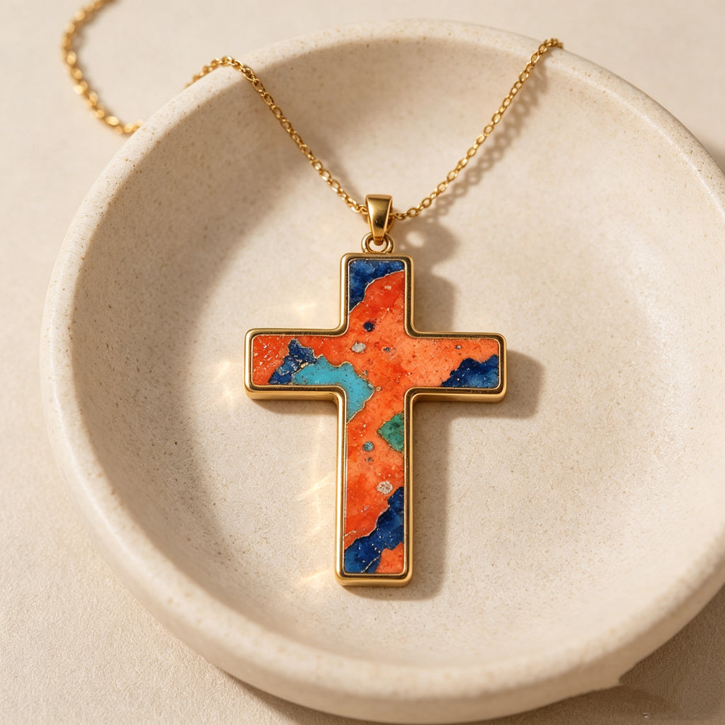 THALRAE Sunset Himalayan Mineral Art Handcrafted Cross Pendant