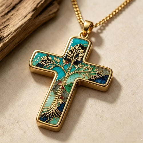 THALRAE Tree of Life Himalayan Mineral Art Handcrafted Cross Pendant