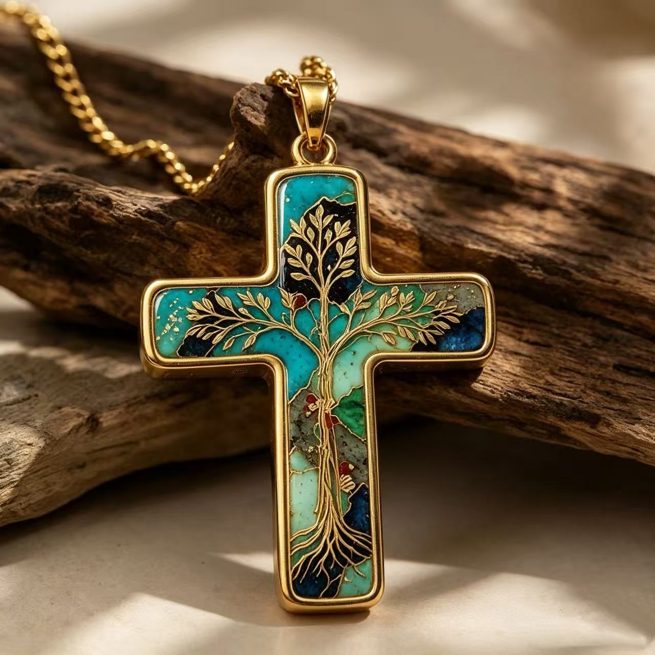 THALRAE Tree of Life Himalayan Mineral Art Handcrafted Cross Pendant