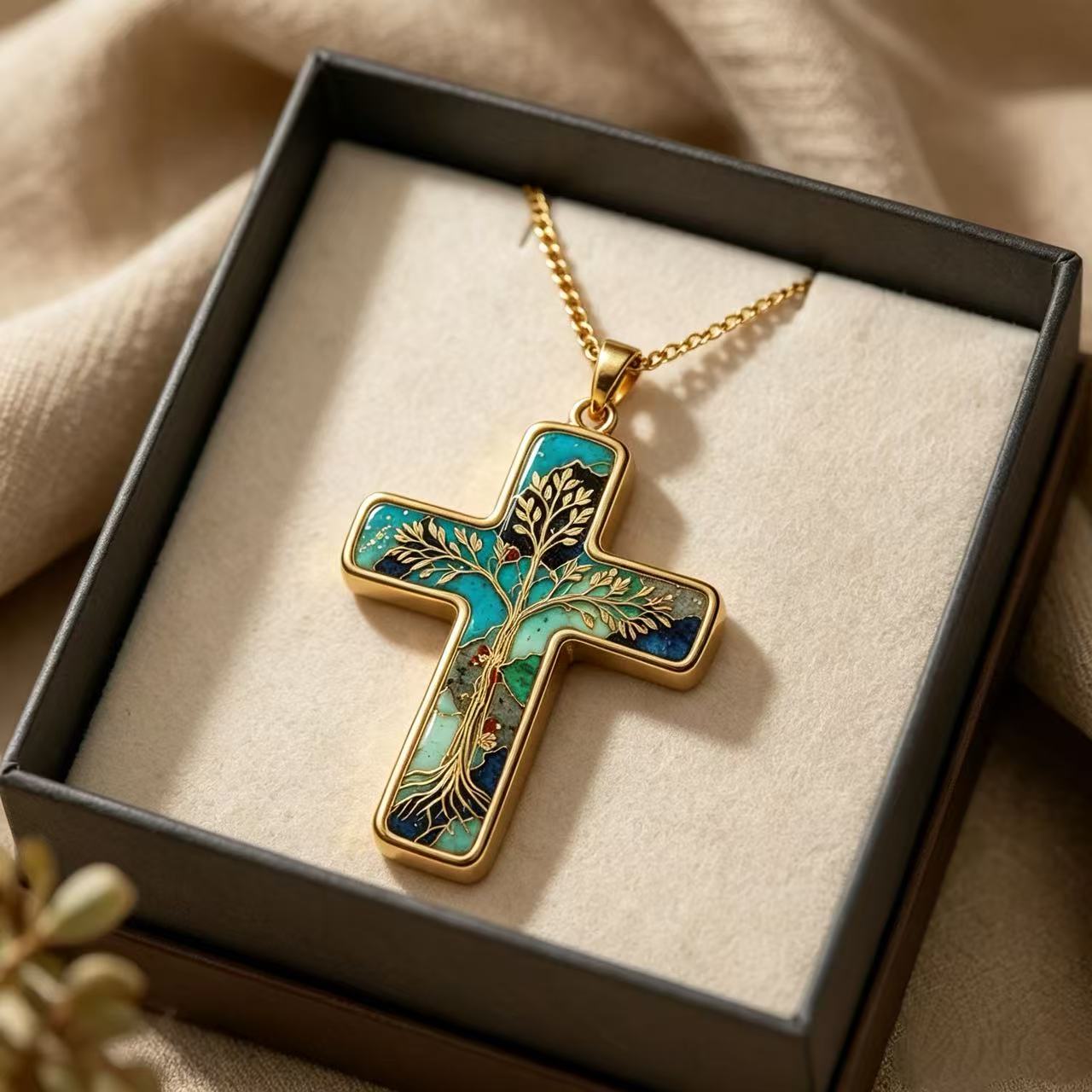 THALRAE Tree of Life Himalayan Mineral Art Handcrafted Cross Pendant